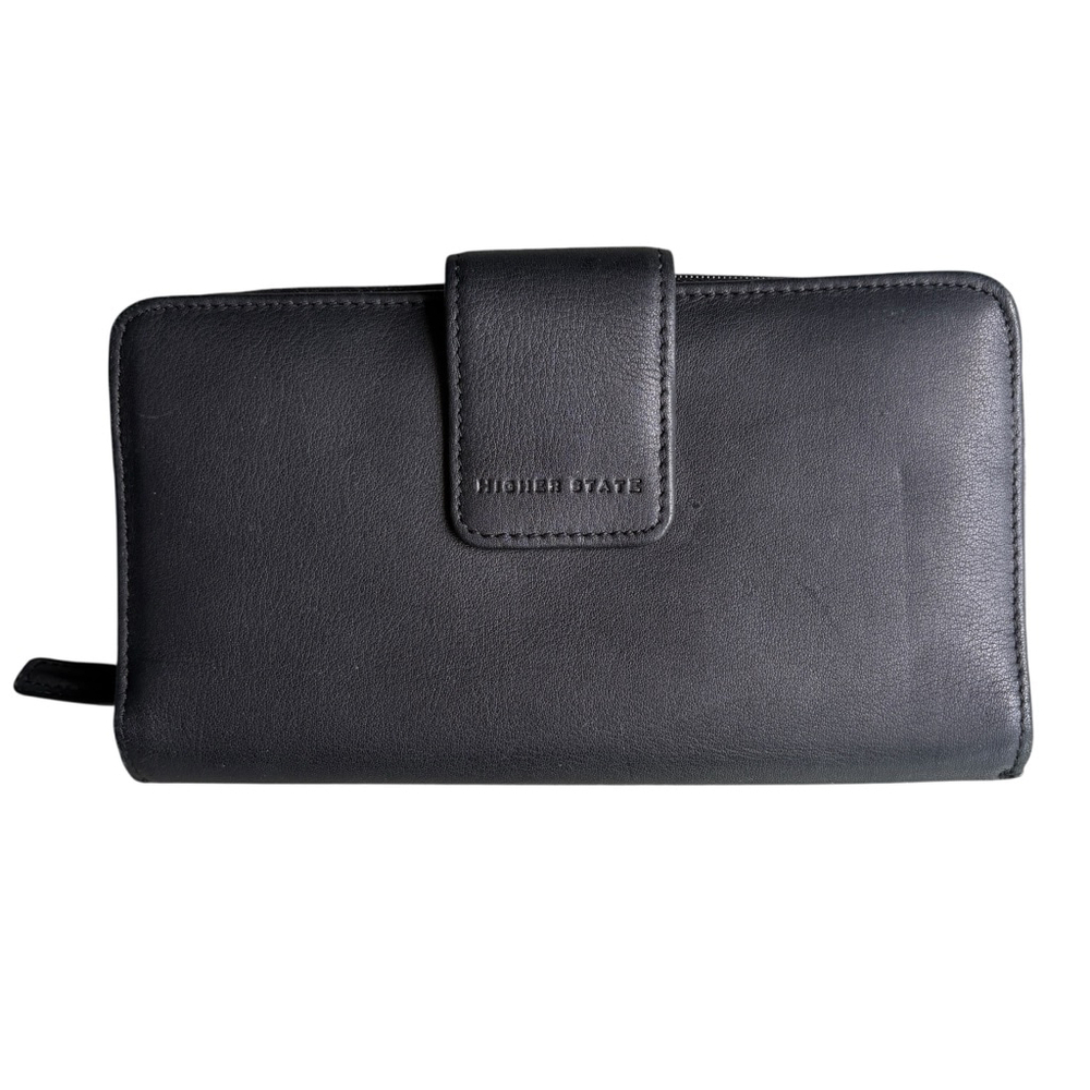 Higher State Black Genuine Leather Zip Wallet Card Coin Organizer Unisex